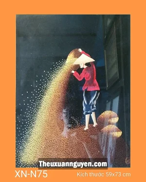 Tranh thêu cô gái đổ thóc XN-N75