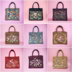 Túi xách vuông vải thô đũi handmade – Thêu hoa vintage, có khóa kéo và lót trong